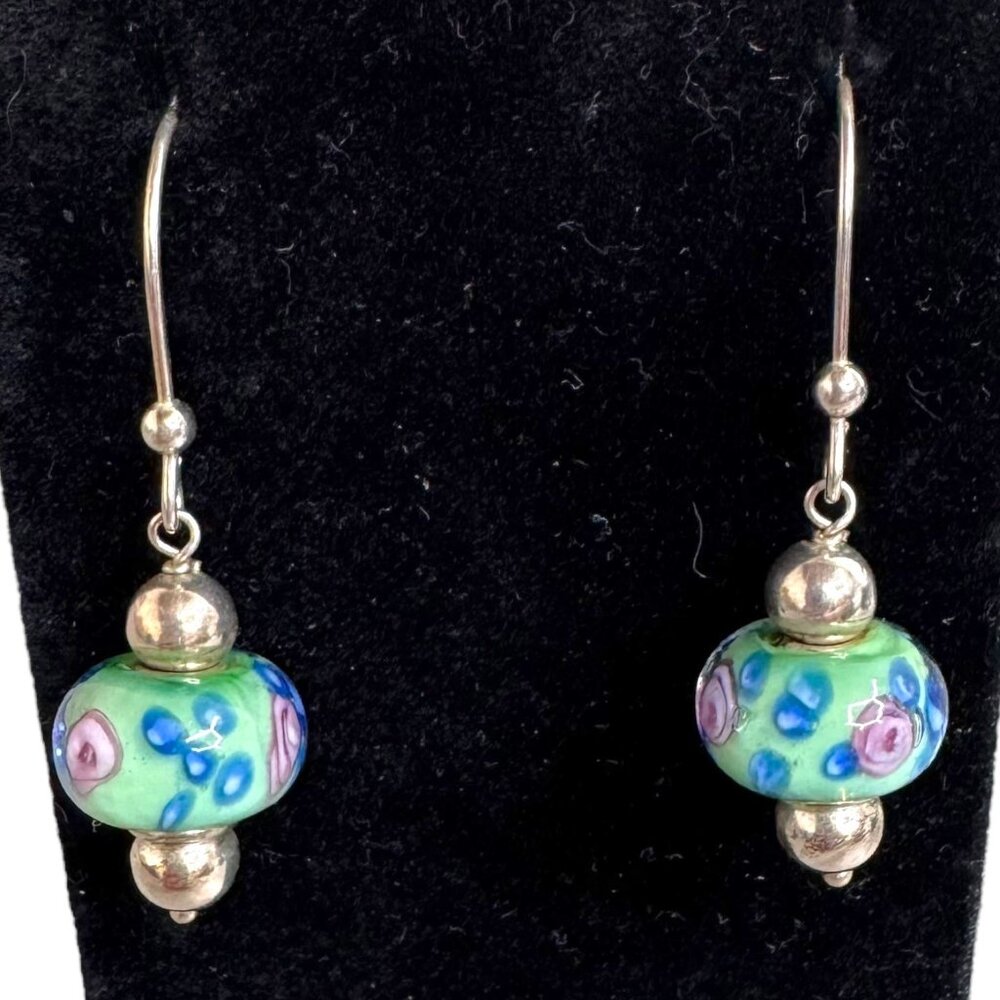 Vintage Handcrafted Sterling Silver & Art Glass Bead Earrings Floral Design